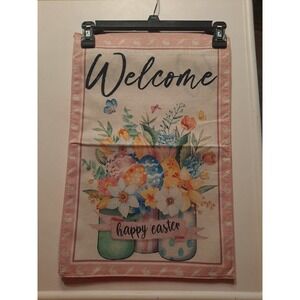 NEW 1pc Double Sided Welcome‎ Happy Easter Garden Flag 12x18  Flowers And Jars